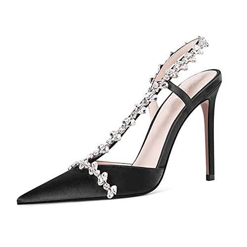 Women Sexy Rhinestone High Heel Slingback Crystal Pointed Toe Stilettos Satin D-orsay Dress Pumps Black Size 7