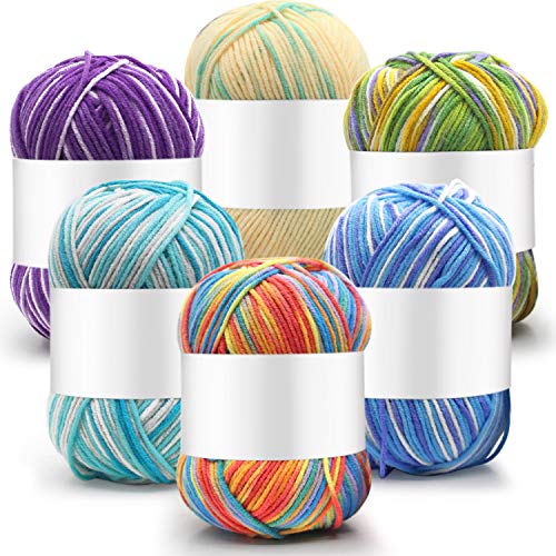 6 Pieces 50 g Crochet Yarn Multi Colored Acrylic Yarn Hand Knitting Yarn Color Yarn Weaving Yarn Crochet Thread (Sky Blue, Lake Blue, Colorful, Dark Purple, Light Yellow, Green, 4-Ply)