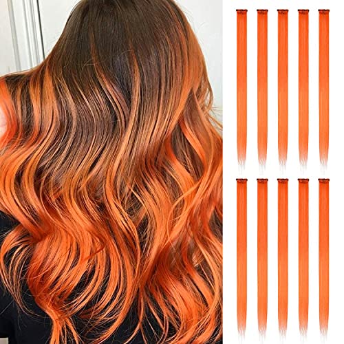 FESHFEN Colored Hair Extensions, 10 PCS Orange Hairpieces for Women Highlight Colorful Straight Clip in Hair Extensions Daily Party Costumes Hair Pieces for Girls Dolls, 22 inch