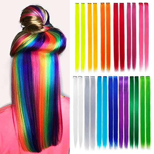 26 Pack Colored Party Highlights Clip in Hair Extensions for Girls 20 inches Multi-colors Straight Hair Synthetic Hairpieces In The Party(13colored)