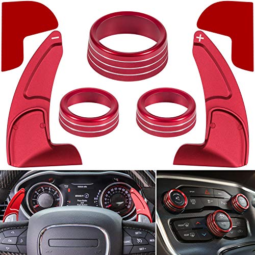 For Dodge Challenger Charger 2015-2021 Interior Accessories Decoration Steering Wheel Shift Paddle Extended Trim Cover+Air Conditioner Switch CD Button Knob Decal Trim Rings (Red 5PCS)