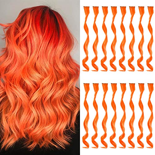 TOFAFA 16 Pcs Colored Hair Extensions Curly Wavy Clip in Synthetic Hairpiece Streak for Girls Women Kid, Multi-colors Party Highlights (Orange)