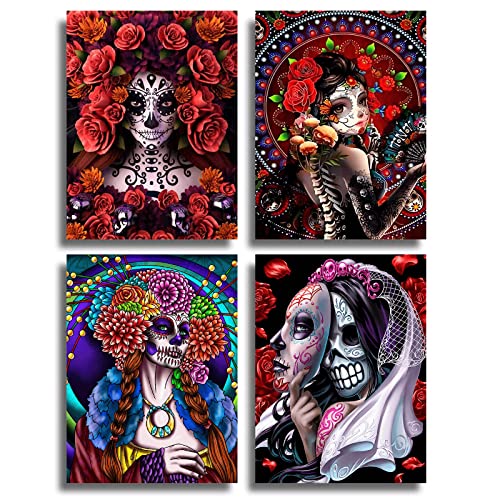 Sugar Skull Diamond Painting Kits for Adults and Kids, Halloween Diamond Art DIY 5D Round Full Drill with Enough Tools Perfect for Relaxation and Home Wall Decor(4 Pack, 12 x 16 inch)