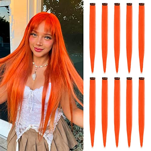 TOFAFA 22 inch Colored Hair Extensions, Multi-colors Party Highlights Clip in Synthetic Hair Extensions (10 PCS Orange)