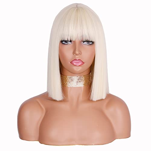 MERISIHAIR Short Blonde Bob Wig with Bangs,Straight Short Blond bob Wig for Women,Synthetic Short Bob Blonde Wig Bangs Natural Looking Wigs for Daily Use