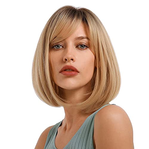Blonde Wig with Bangs - 12'' Blonde Short Bob Wigs for Women, Natural Look Blonde Bob Wig with Bangs, Super Soft Straight Bob Wig, Colorful Synthetic Wig for Everyday Use, Cosplay, Halloween(A-Blonde)