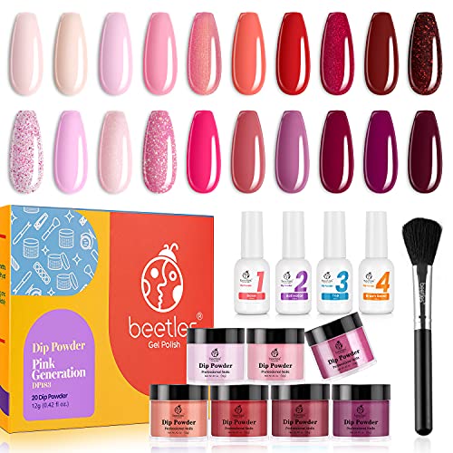 Beetles 20Pcs Dip Powder Nail Kit, Pink Generation Collection Dipping Powder Set, Popular Pink Burgundy Red Glitter Shimmer DIY Nail Dip Art Manicure with Base Top Coat Activator Brush Saver