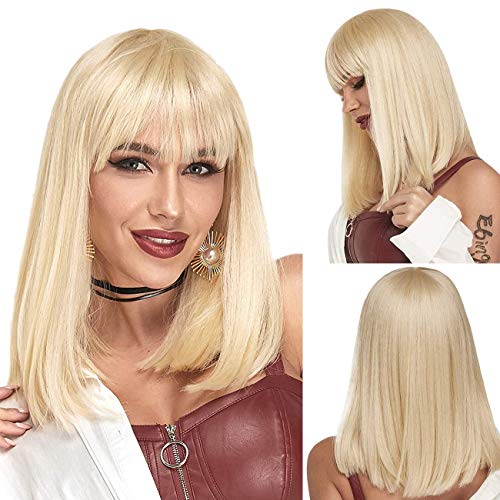 Ebingoo 14 Inches Blonde Short Bob Wig with Bangs Short Straight Platinum 613 Blonde Wig for Women Blonde Hair Synthetic Wig for Daily Wear Party