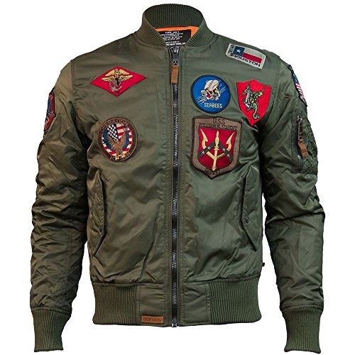 Top GunÂ® MA-1 Nylon Bomber Jacket with Patches (Olive, L)