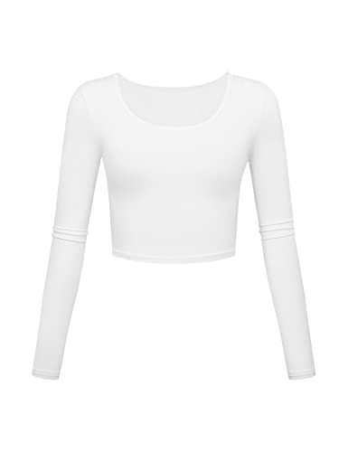 Plus Size Tops for Women Scoop Neck Basic Sexy Crop Tops for Teen Girls Womens Seamless Yoga Workout Running Shirts (White,X-Large)