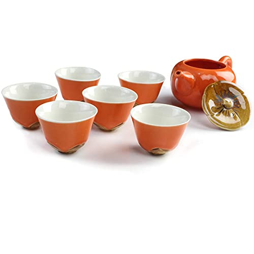 Persimmon Design Chinese/Japanese Kungfu Tea Set with 6 Vintage Tea Cup - Handmade Porcelain Ceramic Portable Travel Teapot- Traditional Gongfu Tea Pot Kit for Chinese Tea Lovers