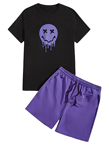 Romwe Men's Summer Graphic Print T Shirt and Shorts Set Tracksuit 2 Piece Outfits Black and Purple M