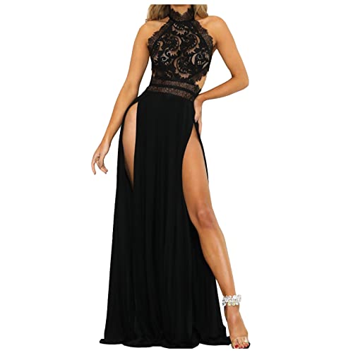 Eaktool Women's Fashion Sexy See-Through Lace Bare Back High Split Dress Evening Dress Women's Sexy See-Through Lace Nude Back High Slit Dress Black XL, Formal Long Dresses for Women (XL, Black)