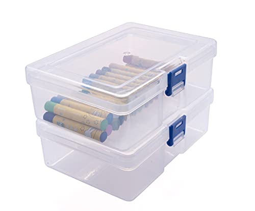 CHILDHOOD 2 Pack of Clear Plastic Clip Box, Crayon box Small Plastic Containers with Lids, Small Modular Supply Case for Office supplies, 6.5 x 4.5 Inches