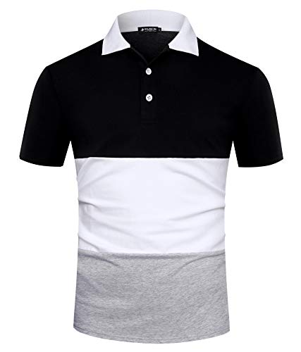 Musen Men Short Sleeve Polo Shirts Casual Cotton Modern Fit Color Block Rugby Polo T-Shirts Tops (#02 Black-White-Grey, Large)