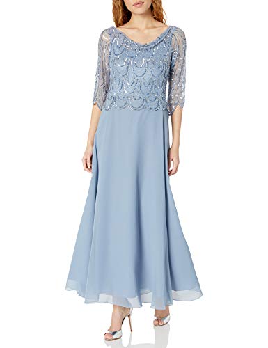 J Kara Women's 3/4 Scallop Beaded Pop Over Gown, Dusty Blue/Blue/Silver, 12