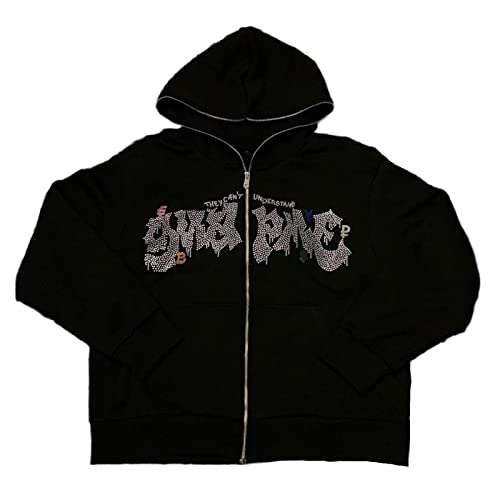 Women Men Rhinestone Hoodie Y2k Graphic Zip Up Unisex Sweatshirt Sparekly Oversized Pullover Jacket Streetwearï¼black twoï¼Mediumï¼