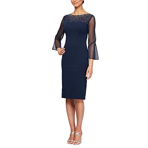 Alex Evenings Women's Short Shift Dress with Embellished Illusion Detail, Navy/Silver, 6