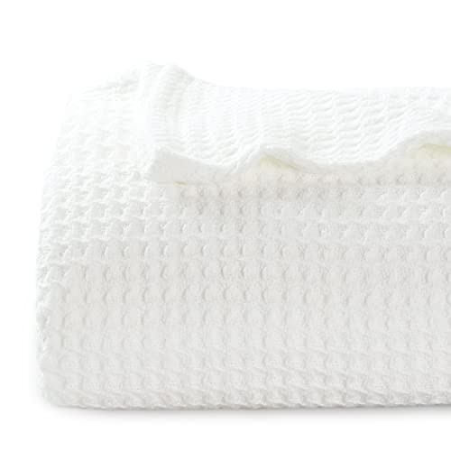 BEDSURE 100% Cotton Blankets King Size for Bed - 405GSM Waffle Weave Blankets for All Seasons, Cozy and Warm, White Soft Lightweight Woven Knit Blankets, 104x90 inches