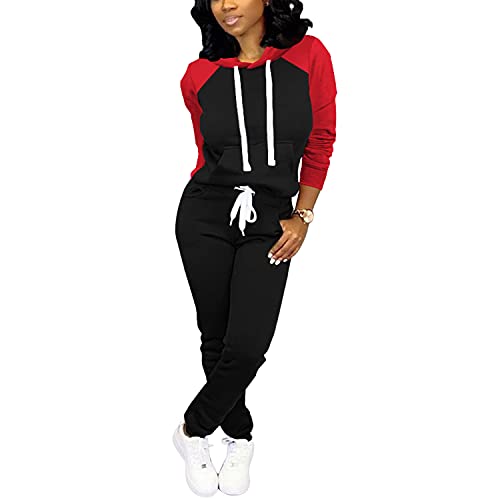 Two Piece Outfits For Women Jogging Suits Casual Tracksuit Hoodie Long Sleeve Sweatsuit Pants Sets Red Black L