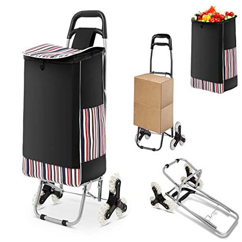 WOOKRAYS Folding Shopping Cart, Stair Climber Shopping Cart 200 lbs Capacity Grocery Cart on Wheels with Detachable Bags 2 Extra Pockets Anti-Slip Bar Trolley Carts Utility Trolley