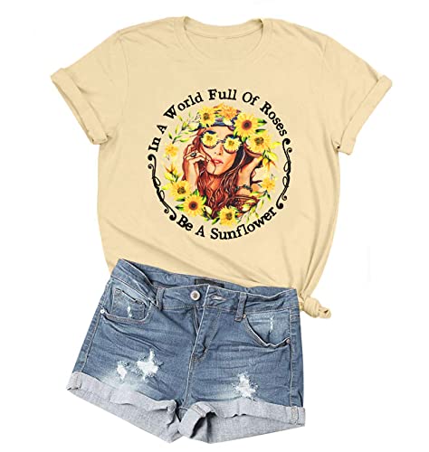 in A World Full of Rose Be A Sunflower T Shirt for Teen Girls Spread Inspirational Womens Causal Tee Tops (Cream-4, M)