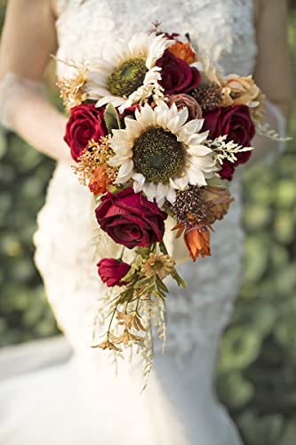 Ansofi 9 Inch Vintage Sunflower Wedding Bouquets for Bride Artificial Burgundy Rose Cascading Bridal Bouquet Burnt Orange Rustic Toss Bouquet for Wedding Ceremony Party Church Decorâ¦