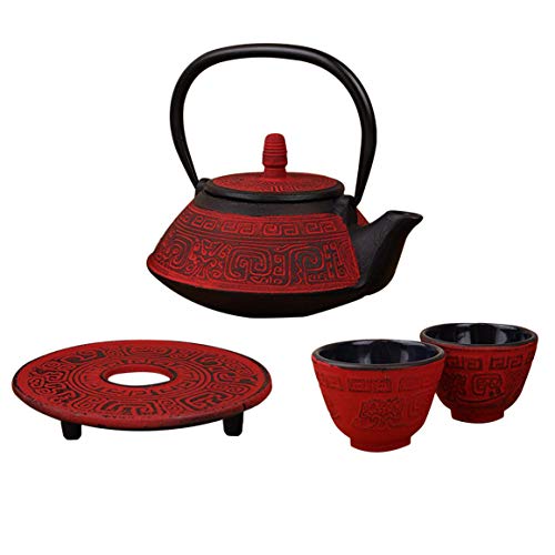 5 Pcs Japanese Cast Iron Tetsubin Tea Set ãã£ã¼ããã Antique 24 Fl Oz Dark Red Vintage Teapot + 2 Cups 1 Infuser 1 Trivet (Stand) Retro Fortune Design Packed in a nice gift box