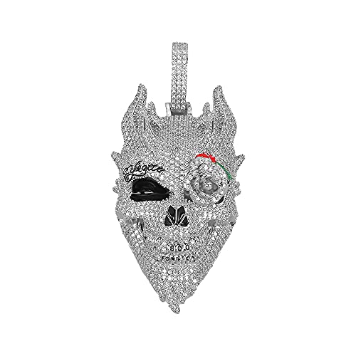 MLENS Hip Hop Iced Out Skull Head Pendant Chain Necklace 24K Gold or White Gold Plated Bling Lab Diamond Paved Rose Flower Eye Demon Necklaces with Rope Chain Jewelry Gift for Men (Silver)