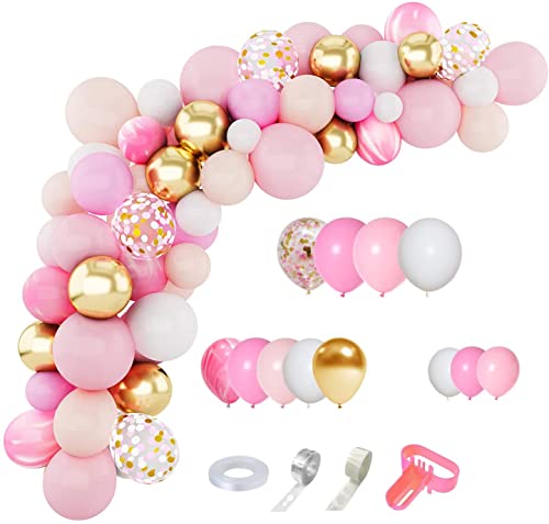 144Pcs Pink Balloons Garland Arch Kit Light Pink Gold White Balloons Confetti Latex Metallic Balloons for Girl Birthday Baby Shower Wedding Party Decorations Supplies