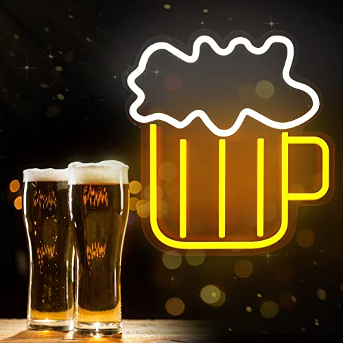 Sugarneon Beer Shaped Neon Sign, Adjustable Brightness Yellow White Neon Light Sign, Business Neon Signs for Wall Decor Man Cave Bar Nightclub Beach Store Wedding Birthday Party Decor 12.5''x 11''inch (Beer Shaped Neon Sign-A)