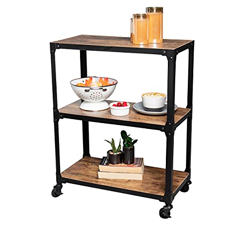 MIND READER Rolling Bar Cart [3 Tier] Kitchen Microwave Cart Island On Wheels, Coffee Station (Wood/Metal, Black/Brown)