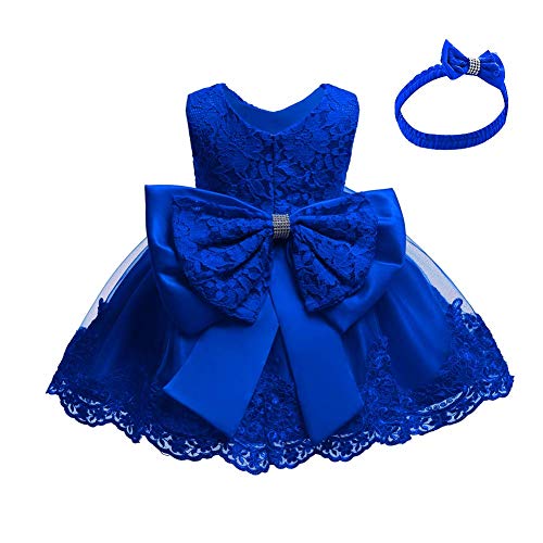 Lace Flower Girls Bowknot Tutu Dress for Kids Baby Christening Baptism Communion Birthday Party Formal Dress Toddler Princess Pageant Wedding Bridesmaid Gown with Headwear Royal Blue 12-18 Months