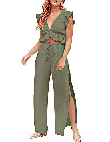 FANCYINN Womens 2 Pieces Outfits Deep V Neck Crop Top St Patricks Day Shirt Side Slit Drawstring Wide Leg Pants Set Jumpsuits Olive Green S