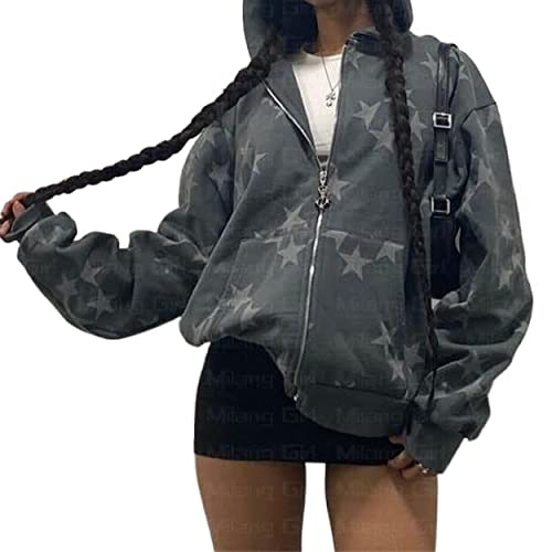 Women Oversized Graphic Zip Up Hoodie Rhinestone Skull Mask Ribcage Skeleton Star Print Hooded Sweatshirt Jacket Streetwear (Dark Grey Star , S )