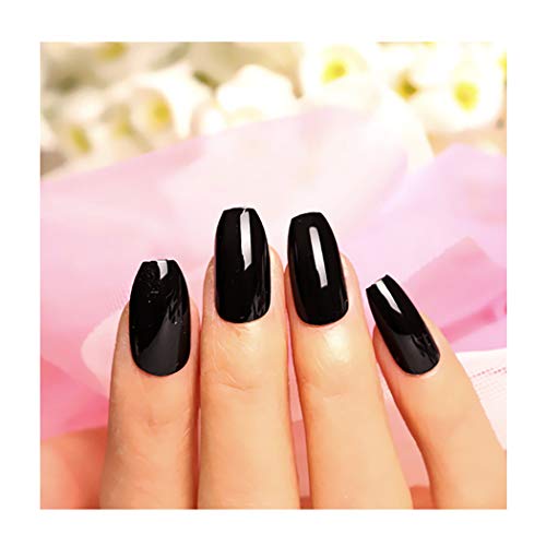 Fstrend 24Pcs Glossy Fake Nails Pure Medium Ballerina Coffin Full Cover Acrylic False Nails Art Tips Home Party Prom Press Clip on Nail for Women and Girls (Black)