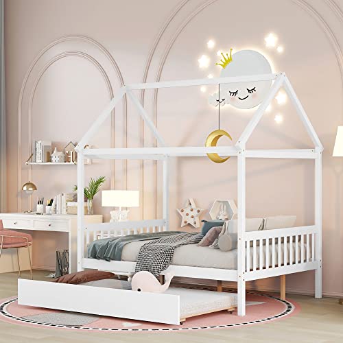 Full House Beds with Trundle for Kids Wood Playhouse Bed Frame for Girls Boys, No Spring Needed, Full Size , White