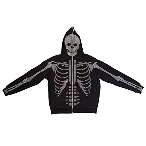 NaranjaBurbuja Y2K Skeleton Oversized Full Zip Up Hoodie Women Rhinestone Skull Graphic Sweatshirt E-Girl StreetweaR