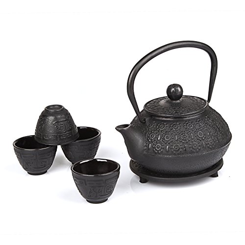 6 Piece Set Black Japanese Cast Iron Teapot(30 oz /900 ml) with 4 Tea Cups (2 oz each), Leaf Tea Infuser and Trivet.