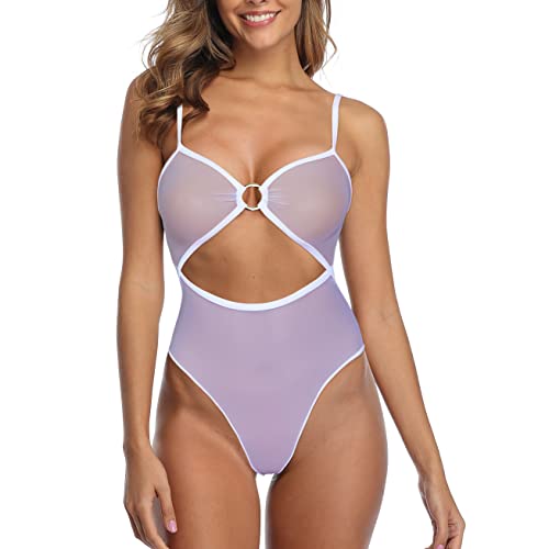 SHERRYLO Sheer Thong Monokini Swimsuit for Women One Piece Bikini Bodysuit See Through Sexy Mesh One-Piece Swimsuits See Thru Micro Bikinis White