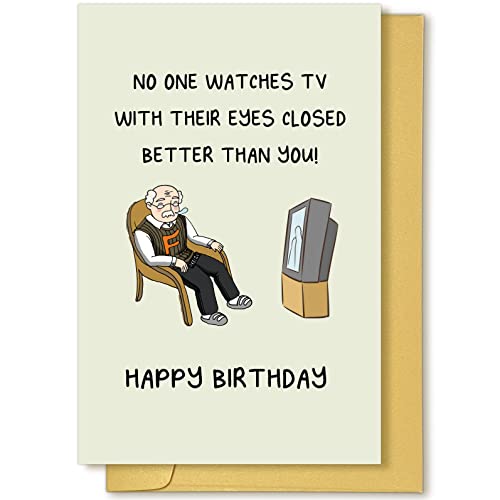 Funny Happy Birthday Card, Birthday Card for Dad Grandpa, Humorous Bday Greeting Card, Watches TV With Eyes Closed Birthday Card