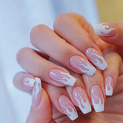 Press on Nails Short Almond Fake Nails Matte Press on Nails Long Black Prom Nails Full Cover False Nails for Women and Girls 24PCS/Set (Pink Flame)