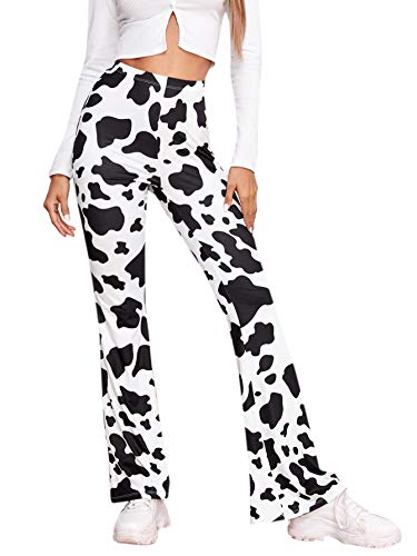 SOLY HUX Women's Print High Waisted Flare Pants Leggings Bell Bottom Wide Leg Lounge Pants Trousers Black White Cow S