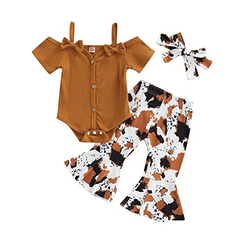 Cow Print Bell Bottoms Baby Girl Off Shoulder Short Sleeve Romper Rib Knit Button Bodysuit Flare Pants Headband Outfit (Brown, 0-6 Months)