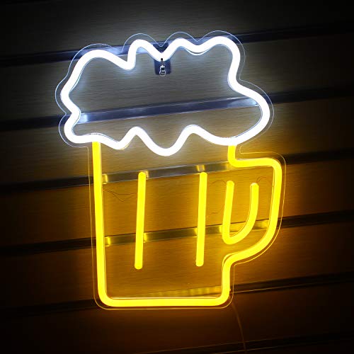 Beer Neon Signs Beer Signs Yellow White Neon Lights Wall Decor for Man Cave Bar Nightclub Beach Store Design Holiday Celebration Party Decor USB Operated(14.2âx12.2â)