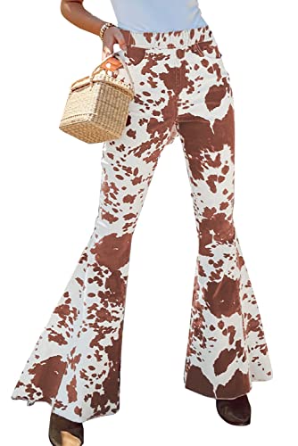 LEMAFER Women's Casual Cow Print Elastic High Waisted Flared Leg Bell Bottom Pants Brown