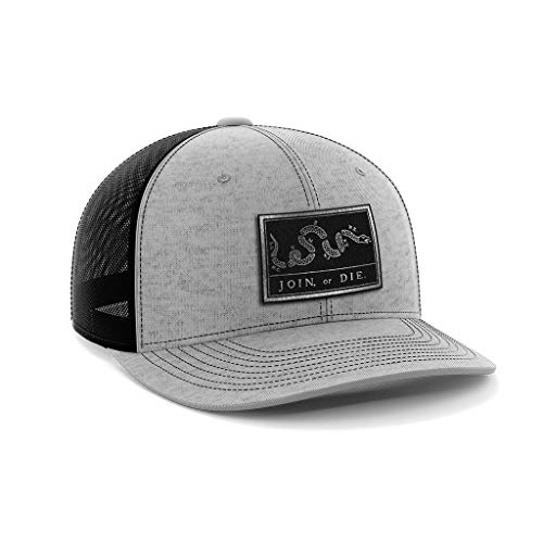 Join Or Die Flag Black Leather Patch Hat (HTH Grey/Black) - Adjustable Trucker Hats with Snapback