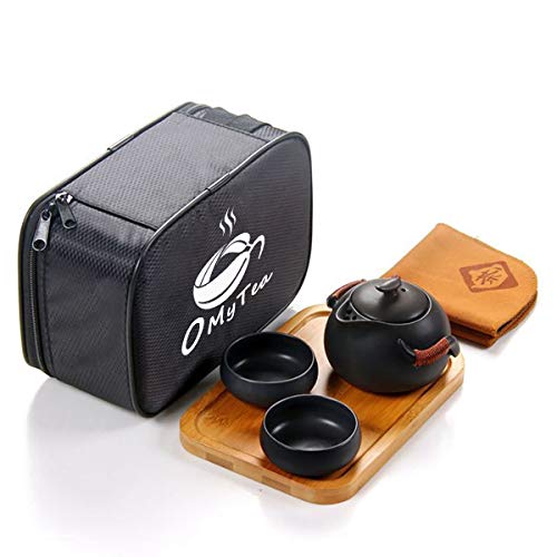 OMyTeaÂ® Portable Travel Tea Set - 100% Handmade Chinese/Japanese Vintage Kungfu Gongfu Tea Set - Porcelain Teapot & Teacups & Bamboo Tea Tray & Tea Mat with a Portable Travel Bag (Black-2 cups)