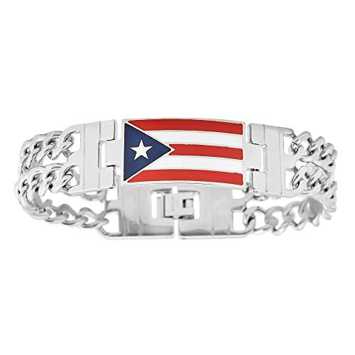 Men's Stainless Steel Puerto Rico Flag Link Bracelet, 8.5 Inches