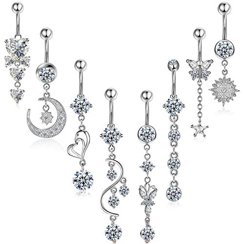 8 Pieces 14G Belly Button Rings Steel Long Dangle Navel Ring CZ Body Piercing Jewelry (Silver)